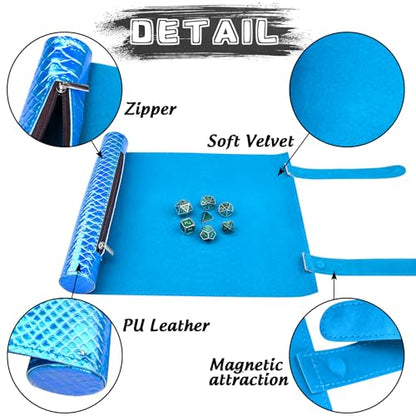 SIQUK 2 Pieces Magnetic Dice Mat Tray Rolling Mat with Zipper PU Leather Folding Scroll Dice Holder for D&D RPG Games (Light Blue, Lake Blue) - color: Light Blue, Lake Blue