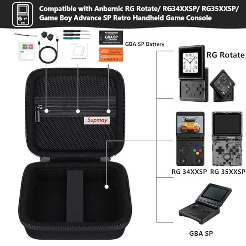 Supmay Hard Carrying Case for Anbernic RG Rotate/ RG34XXSP/ RG35XXSP Retro Handheld Game Console/ Game Boy Advance SP, Retro Game Travel Storage Holder with Mesh Bag for Battery, USB Cable, Black - color: Black