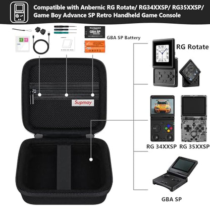 Supmay Hard Carrying Case for Anbernic RG Rotate/ RG34XXSP/ RG35XXSP Retro Handheld Game Console/ Game Boy Advance SP, Retro Game Travel Storage Holder with Mesh Bag for Battery, USB Cable, Black - color: Black