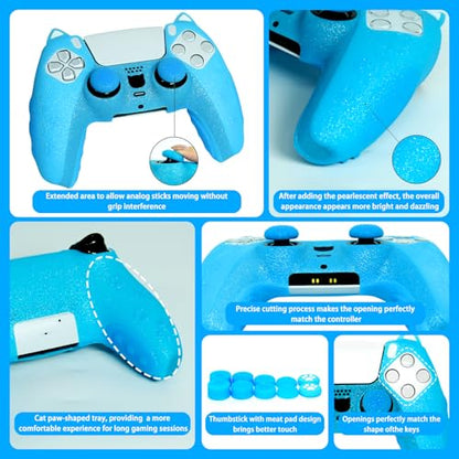 Blue Cat Glitter Anti-Slip Protective Silicone Cover Skin Grips Compatible with PS5/Slim/Pro Controller,8 PCS Glitter Thumb Grips Caps and 2 Paw Grips Caps. (Cat Blue) - color: Cat Blue
