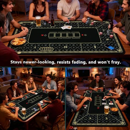 ORIENGEAR Poker Mat 70x35 Inch, 10 Player Poker Table Topper with Non-Slip Rubber Base & Carry Bag, Professional Blackjack Table Top for Texas Holdem, Home Casino Game Nights - color: Black