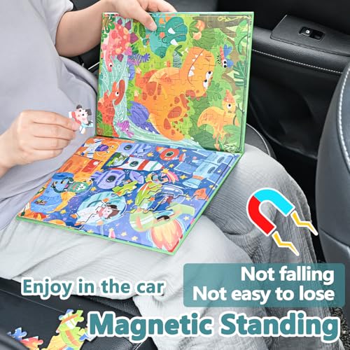 D-KINGCHY Magnetic Puzzles for Kids Ages 5+, 2-in-1 Puzzle Book 60 72 Pieces, Travel Jigsaw Puzzles, Road Trips Toys for 5 6 7 8 Boys Girls Birthday Gift (Dinosaur and Space) - style: Dinosaur and Space