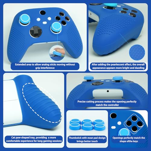 Anti-Slip Blue Controller Skin,Studded Edition Protective Silicone Cover Skin Grips Compatible with Xbox Series X/S Controller and 6 PCS Thumb Grips Caps. - color: Blue