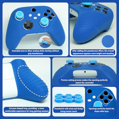 Anti-Slip Blue Controller Skin,Studded Edition Protective Silicone Cover Skin Grips Compatible with Xbox Series X/S Controller and 6 PCS Thumb Grips Caps. - color: Blue