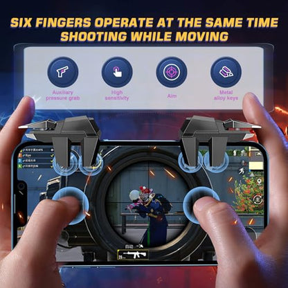 EasEasy PUBG Game Trigger, Mobile Phone Controller Compatible for PUBG/Rules of Survival/Knives Out, 6 Fingers Trigger with Sensitive Aim and Shoot Smartphone Joystick for iPhone & Android-Black - color: Black 1