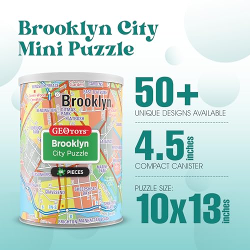 Geotoys Brooklyn Mini Puzzle - 100 Piece Puzzles for Kids and Adults in Portable Can, 13" x 10" Educational Travel Puzzle for Ages 7 and Up - Mini Puzzles to Learn & Explore Geography - style: Brooklyn