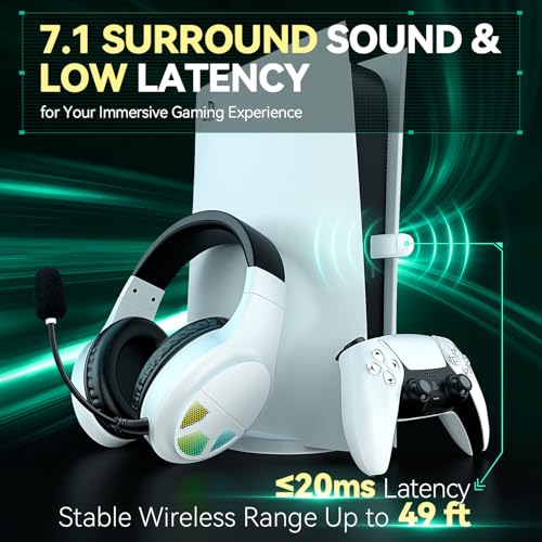 60H Battery Wireless Gaming Headset with Mic for PS5 PS4 PC | 7.1 Surround Sound, Bluetooth 5.4, Noise-Isolating Microphone, RGB Lights, Headphones Compatible with Switch Mac Laptop