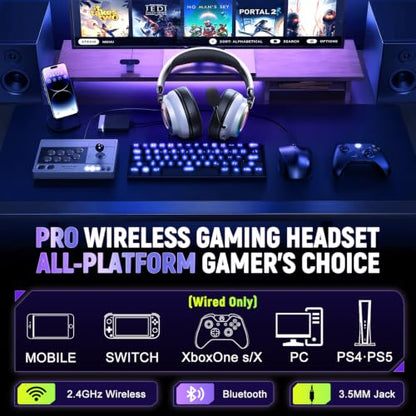 Wireless Gaming Headset for PS4, Ultra-Light, Compact, Wired for Xbox Only | 226.8g(8온스) 제로 피로, 360° ENC 마이크, 2.4G/BT/USB-C/유선, 7.1 오디오, 40H 배터리, PS5/PS4/PC/모바일에 적합, Xbox용 무선 없음