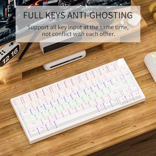 Newmen GM326 75% Percent Mechanical Keyboard,Wired Mini Backlit Hot Swappable Gaming Mechanical Keyboard with Knob,82 Keys Anti-Ghosting Compact White Gaming Keyboards for PC Win Mac,Red Switch - color: White
