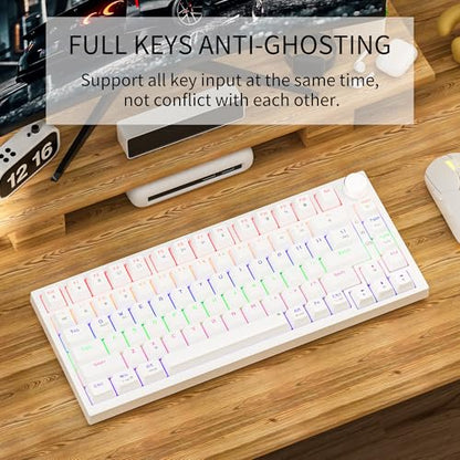 Newmen GM326 75% Percent Mechanical Keyboard,Wired Mini Backlit Hot Swappable Gaming Mechanical Keyboard with Knob,82 Keys Anti-Ghosting Compact White Gaming Keyboards for PC Win Mac,Red Switch - color: White