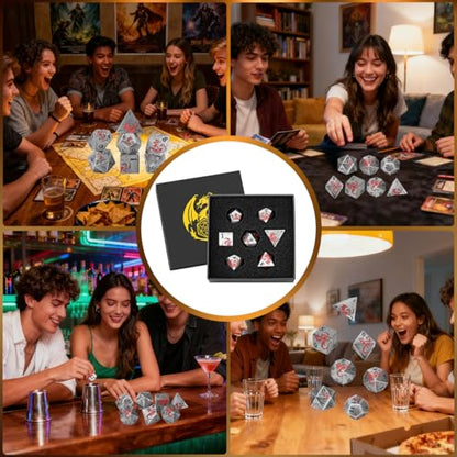 Metal Dice Set, Flat Face Black Red Dragon Pattern, 7pcs Polyhedral Metal DND Dice Set, DND Starter Set, D&D Gifts with Gift Box, Role Playing Board Games Accessories, Black - color: Black+red