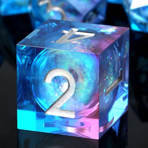 Resin Sharp Dice,DNDND 7PCS Glitter Liquid Resin DND Dice Set with Gift Case for Dungeons and Dragons Tabletop Game (Liquid Blue and Pink) - color: Liquid Blue and Pink