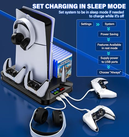 PS5 / PS5 Slim Cooling Station with Controller Charging Station for PlayStation 5 Console Disc/Digital, Cooling Stand for PlayStation 5 Slim with Cooler Fan Accessories with 3 USB Hubs/Headset Holder - color: Black