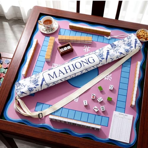 34 Inch Long Mahjong Mat Bag Cute Double Strapped Canvas Drawstring Mahjong Holder Lightweight Outdoor Carrying Bag for Board Games Travel Storage-Mat Not Include (White,Chinoiserie,1 Pc) - color: White, style: Chinoiserie
