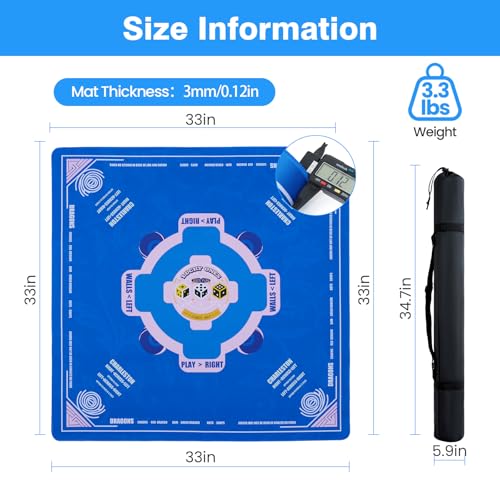 Mahjong Mat 33"x33" American Mah Jongg Mat for Table with Rules (Blue) | Noise Reduction Non-Slip Neoprene Mahjong Table Cloth with Carrying Bag, Gaming Mat for Mahjong Tiles, Cards, Dominoes Games - color: Blue