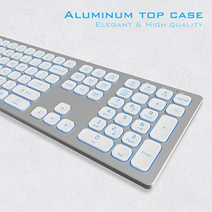 POWZAN Aluminum Quiet Wired Keyboard Backlit- Slim Chiclet Key Compatible with Apple iMac, MacBook, Mac and PC, USB Keyboard Numeric Keypad RGB Lighted Key - Silver White - color: KB770-Silver White