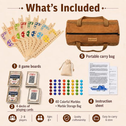 Jokers and Marbles Board Game Set – Wooden Marble Game with 40 Marbles, 4 Decks of Cards, Instructions and Carry Bag, 2–8 Player Portable Family Tabletop Game, Gift for Adults and Families - color: Natural Wood Color
