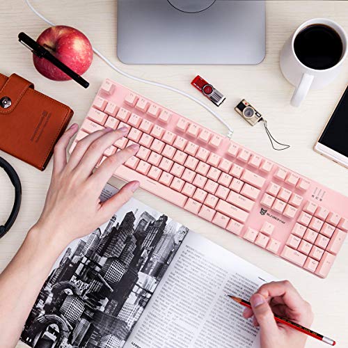 Merdia Full Size Wired Mechanical Gaming Pink Keyboard | Blue Switch 104 Keys US Layout Full Size Pink PC Gaming Keyboards | Hot Swappable LED Backlit Light Up Wired Mechanical Computer Keyboards - color: Blue Switch Pink
