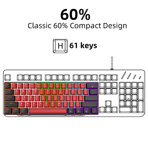 Snpurdiri 60% Wired Mechanical Keyboard (Black-Red, Red Switches) | Mini Gaming Keyboard with 61 Keys for PC, Windows XP, Win 7, Win 10 - color: Black Red/Red Switch