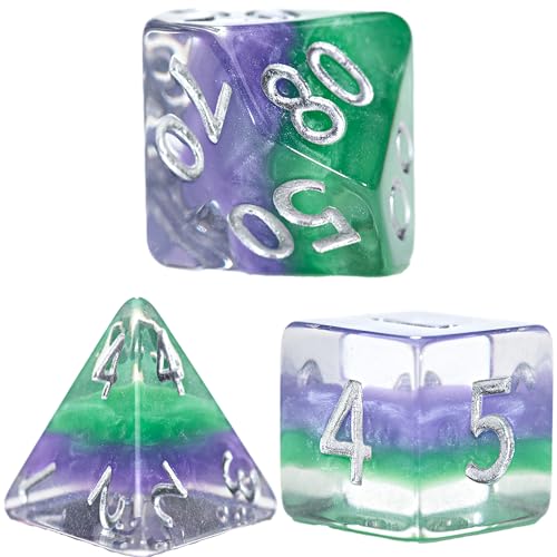 and Dice: Eclipse Dice: Joker - 7pc RPG Set, Purple & Green Swirled in Clear Resin, Batman Villian, Dice for Role Playing Games