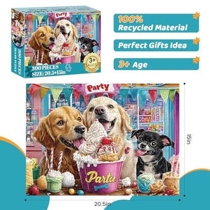 300 Pieces Puzzles for Adults | Dog Birthday Party Jigsaw Puzzles 300 Piece for Children Adults Seniors | Sturdy,Safe | Engaging & Educational Toys Great Gift for Boys Girls 20.5 x 15 in - style: IceCream
