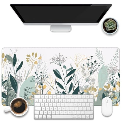 Desk Mat, Green Gold Plant Leaves Desk Pad, Wildflowers Large Gaming Mouse Pad for Desk, 31.5"x15.7" Extended Big Computer Keyboard Mouse Pad with Non-Slip Base and Stitched Edge - color: Green Gold Plant Leaves