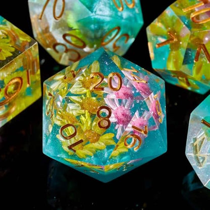 FugaCity Dice Set,Handmade Sharp Edge 7 Piece Resin Dice-Dungeon&Dragons Polyhedral Dice Set, D&D Dice Set with Gift Dice Case for RPG MTG Table Games - color: B-yellow Flower