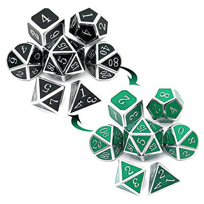 Haxtec Color Changing Metal DND Dice Set Silver Black Green Color Shifting D&D Dice with Leather Dice Bag Compatible with Dungeons and Dragons TTRPG DND Gift - color: Silver Black Green