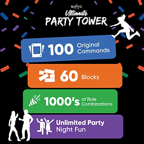 SWOOC Games - Ultimate Party Tower™ - 100 Original Commands, 60 Blocks, & 1000s of Hilarious Rule Combinations - A Tipsy Spin on Fun Classic Games for Power Hour - Ages 21+ - Wooden Tower Blocks Game