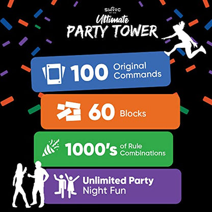 SWOOC Games - Ultimate Party Tower™ - 100 Original Commands, 60 Blocks, & 1000s of Hilarious Rule Combinations - A Tipsy Spin on Fun Classic Games for Power Hour - Ages 21+ - Wooden Tower Blocks Game