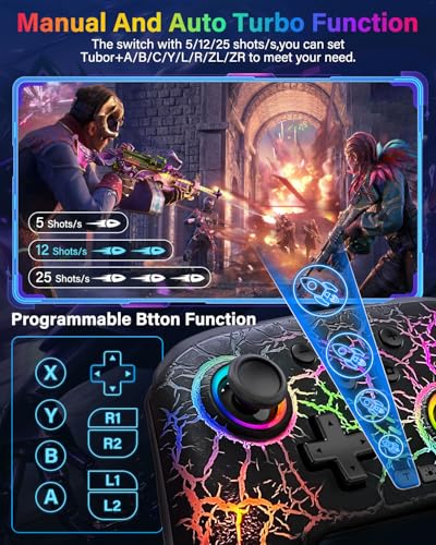 Switch Controller Compatible with Nintendo Switch/Switch Lite/OLED/PC | Programmable Wireless Switch Controller with 10 LED Light, 6-Axis Motion, Turbo, Vibration, One-Key Wake Up & Pairing, Flame - color: flame