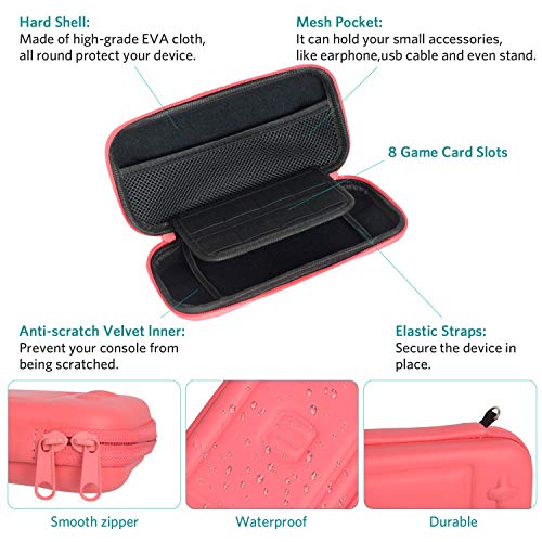 CoBak Carrying Case for Nintendo Switch Lite - with 1 Screen Protector, 1 Grip Case and 4 Thumb Grip Caps, Ultra Slim Premium EVA Travel Pouch Protective Cover, 8 Game Cartridges, Pink