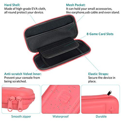 CoBak Carrying Case for Nintendo Switch Lite - with 1 Screen Protector, 1 Grip Case and 4 Thumb Grip Caps, Ultra Slim Premium EVA Travel Pouch Protective Cover, 8 Game Cartridges, Pink