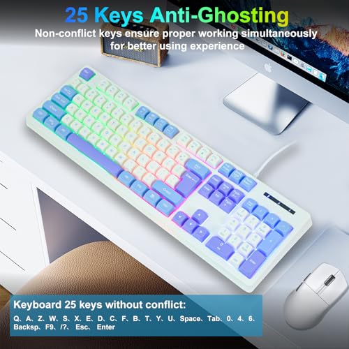 HUO JI Wired Gaming Keyboard with Rainbow LED Backlit, Floating Keys, Mechanical Feeling, Spill Resistant, Ergonomic Full Size for Xbox, PS Series, Desktop, Computer, PC (White Blue) - color: White Blue