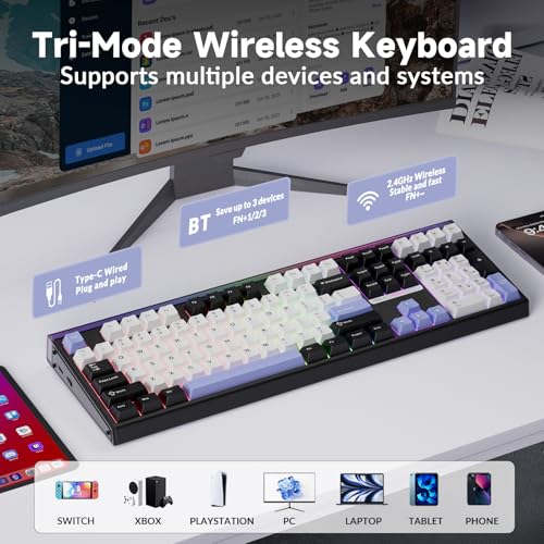 Aula H108 Wireless Mechanical Keyboard, Hot Swappable Silent Keyboard, Full Size Keyboard with Number Pad, Gasket Structure, RGB Backlit Computer Gaming Keyboard with PBT Keycaps for PC/Office - color: White Black Purple
