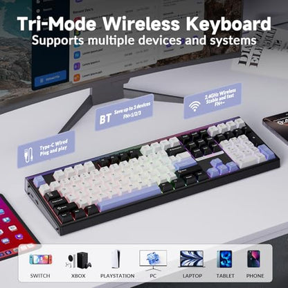 Aula H108 Wireless Mechanical Keyboard, Hot Swappable Silent Keyboard, Full Size Keyboard with Number Pad, Gasket Structure, RGB Backlit Computer Gaming Keyboard with PBT Keycaps for PC/Office - color: White Black Purple