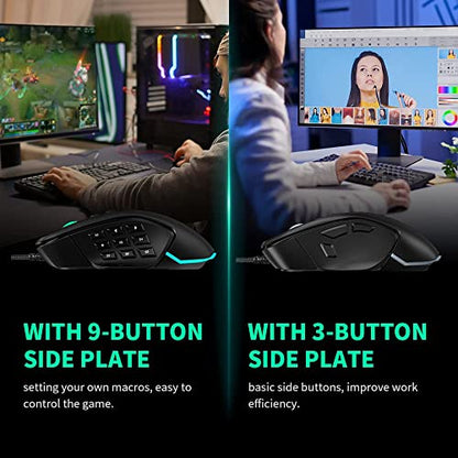 DELUX Wired MMO Gaming Mouse with 4 Interchangeable Side Plates, 12400DPI, 14 Programmable Buttons, RGB Light, 1000Hz Report Rate, Pro Ergonomic Gamer Mouse for PC Computer Laptop (M631-Black)