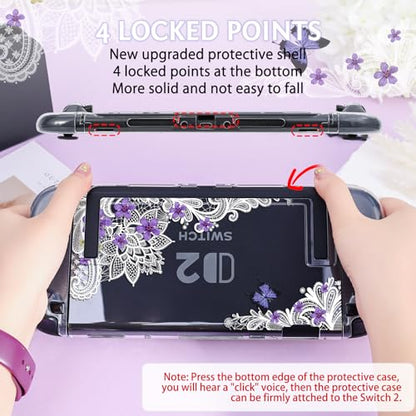 DLseego Protective Case Flower Floral Clear Switch 2 (2025), Detachable Joy-Handle Protective Case 2-Piece Split Full Wrap PC Hard Shell Anti-Scratch All-Round Protection Cover, Butterfly, Purple - color: Purple 1