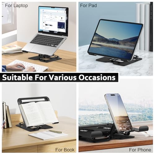 Laptop Cooling Stand with Detachable Fan,2-IN-1 Laptop Stand with Phone Holder and Silent Fans,Adjustable Height and Angle,Carbon Steel Framework,Laptop Cooling Pad for up to 16”Laptop (Black)