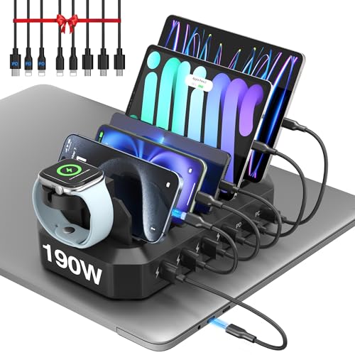 190W Charging Station for Multiple Devices, Family Organizer Charging Dock | 4 USB-A, 2 PD USB-C Port,Efficient & Safe Charging, with 8 Cables, Compatible with iPhone/Android/MacBook/iPad/Tablet - color: Black