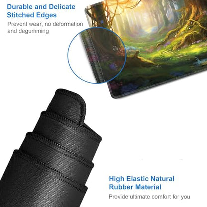 JVGFYNKL MTG Playmat + Drawstring Travel Pouch + 6 Dice Counter, for Tabletop Trading Card Game Playmats or Large Mouse Pad, Anti-Slip Rubber 24 x 14 in, Enchanted Forest TCG Playmat - color: JV-Playmat-1-F-155