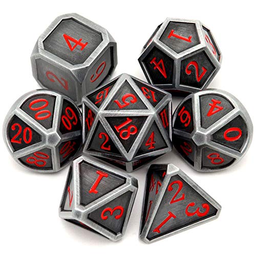 Haxtec Ancient Silver Metal DND Dice Set D&D 7PCS Large Rounded Antiue Iron RPG Dice Red Numbers for Dungeons and Dragons TTRPG Game Gifts',Standard size - color: Silver