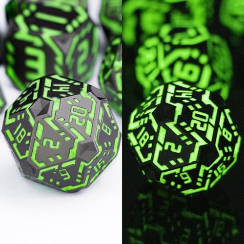 Metal DND Sci-fi Dice Set 7PCS Luminous Green Stripe Polyhedral Dice for Dungeons Dragons RPG Role Playing Game, Glitter D and D Dice with Gift Box D6 D8 D10 D12 D20 - color: Nightlight - Green