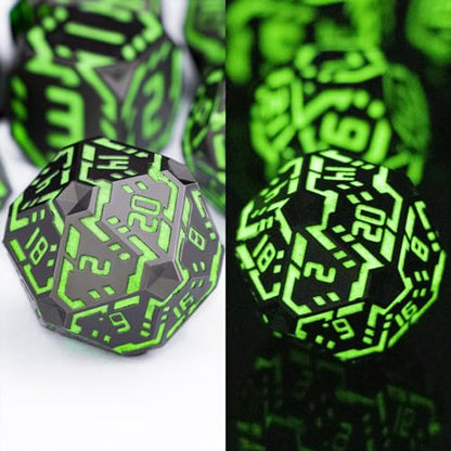 Metal DND Sci-fi Dice Set 7PCS Luminous Green Stripe Polyhedral Dice for Dungeons Dragons RPG Role Playing Game, Glitter D and D Dice with Gift Box D6 D8 D10 D12 D20 - color: Nightlight - Green