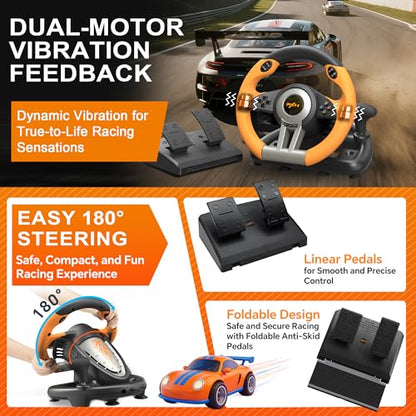 PXN V3 Pro Gaming Steering Wheel with Pedals | Dual Motor Vibration Feedback, Beginner Sim Racing Wheel for PC, PS4, Xbox Series S, Xbox Series X, Xbox One and Switch - color: Orange