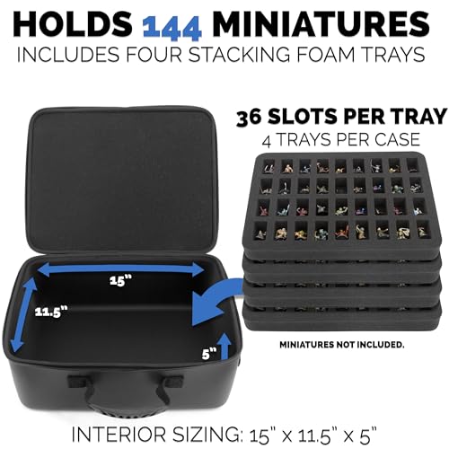 CASEMATIX Miniature Carrying Case - 144 Slot Miniature Storage Case with Four Impact-Absorbing Foam Trays For Minis, Adjustable Shoulder Strap, ID Card Holder and More!