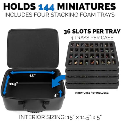 CASEMATIX Miniature Carrying Case - 144 Slot Miniature Storage Case with Four Impact-Absorbing Foam Trays For Minis, Adjustable Shoulder Strap, ID Card Holder and More!