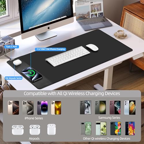 Mouse Pad with 15W Magnetic Wireless Charging, 35.4"x15.7" in | Large XXL Gaming Desk Mat, Ultra-Smooth Surface, Non-Slip Rubber Base, Waterproof Computer Keyboard Pad, Black - color: Black - 35.4"x15.7"