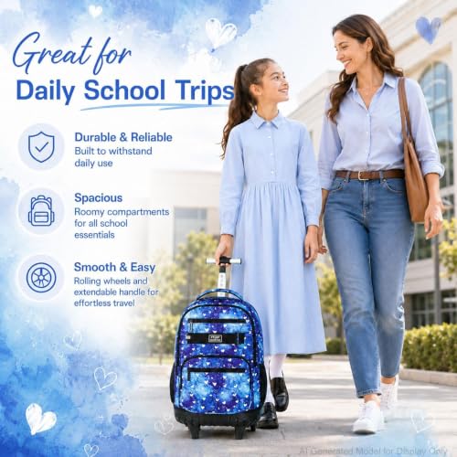 3Pcs Rolling Backpack for Girls Women, Travel Roller Backpacks with Wheels for Adults, Teens College Love Polka Dots Wheeled Bookbag with Lunch Box(Blue) - color: Blue