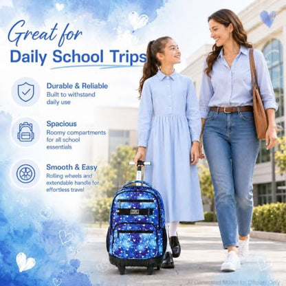 3Pcs Rolling Backpack for Girls Women, Travel Roller Backpacks with Wheels for Adults, Teens College Love Polka Dots Wheeled Bookbag with Lunch Box(Blue) - color: Blue